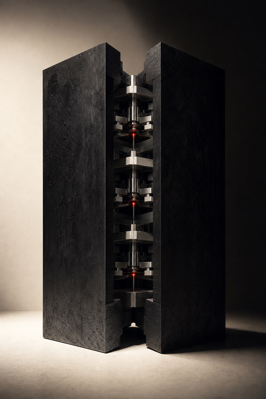 A split black monolith revealing three aligned mechanical layers